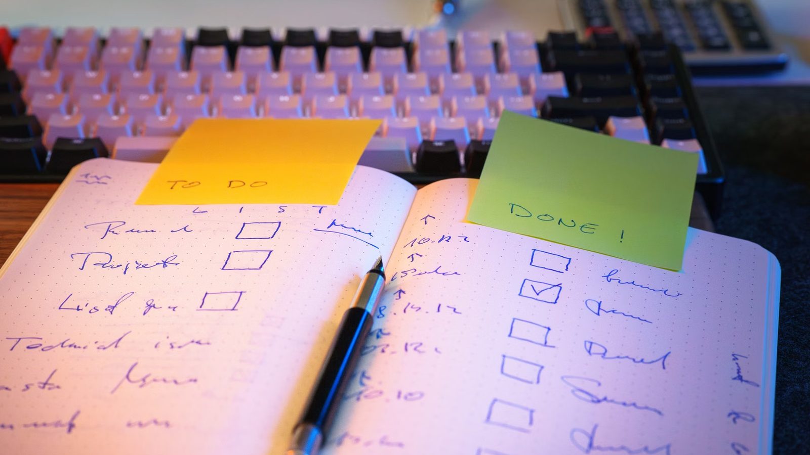 Otwarty notes z odręczną listą zadań i długopisem, obok karteczki TO DO i DONE