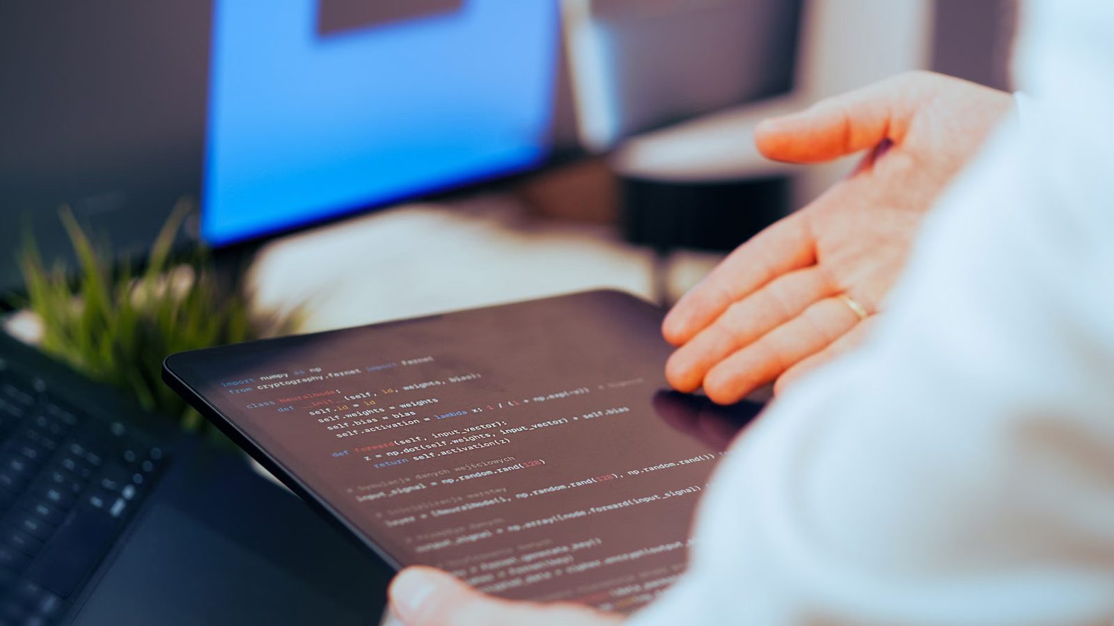 Dłoń trzymająca tablet z otwartym edytorem kodu, w tle rozmazany monitor i laptop na biurku