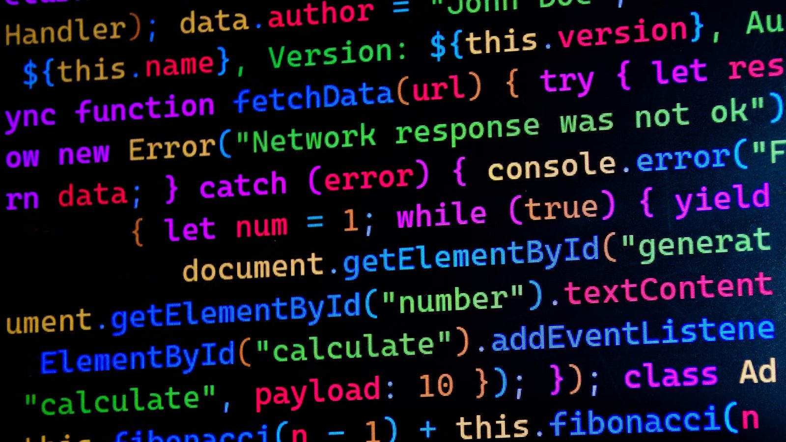 Zbliżenie na ekran z kolorowanym kodem JavaScript na czarnym tle