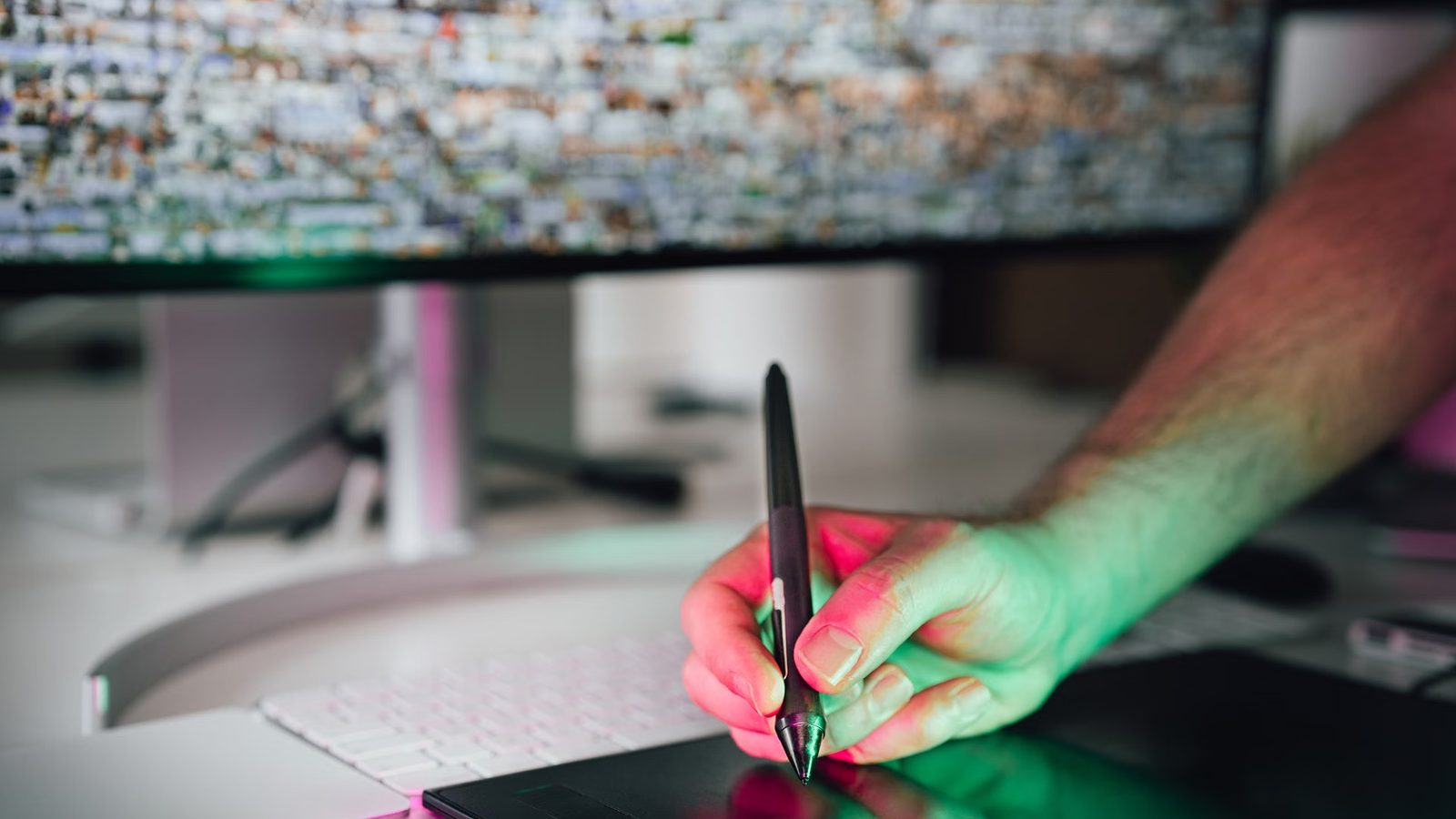 Dłoń z rysikiem nad tabletem graficznym, w tle monitor z rozmytym obrazem