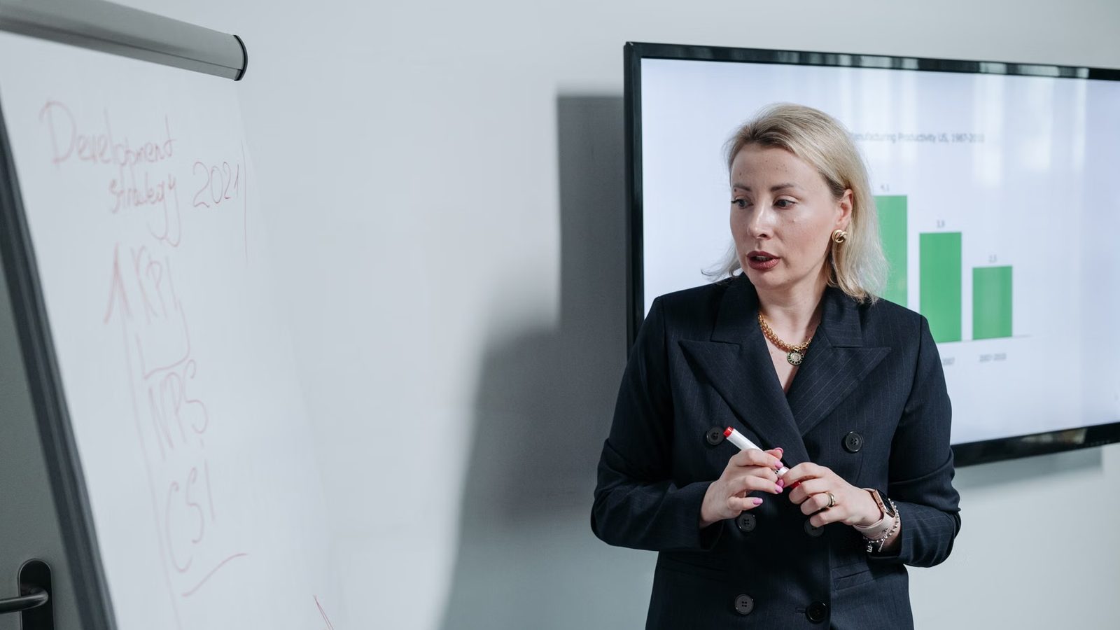 Doradca omawia możliwości na tablicy