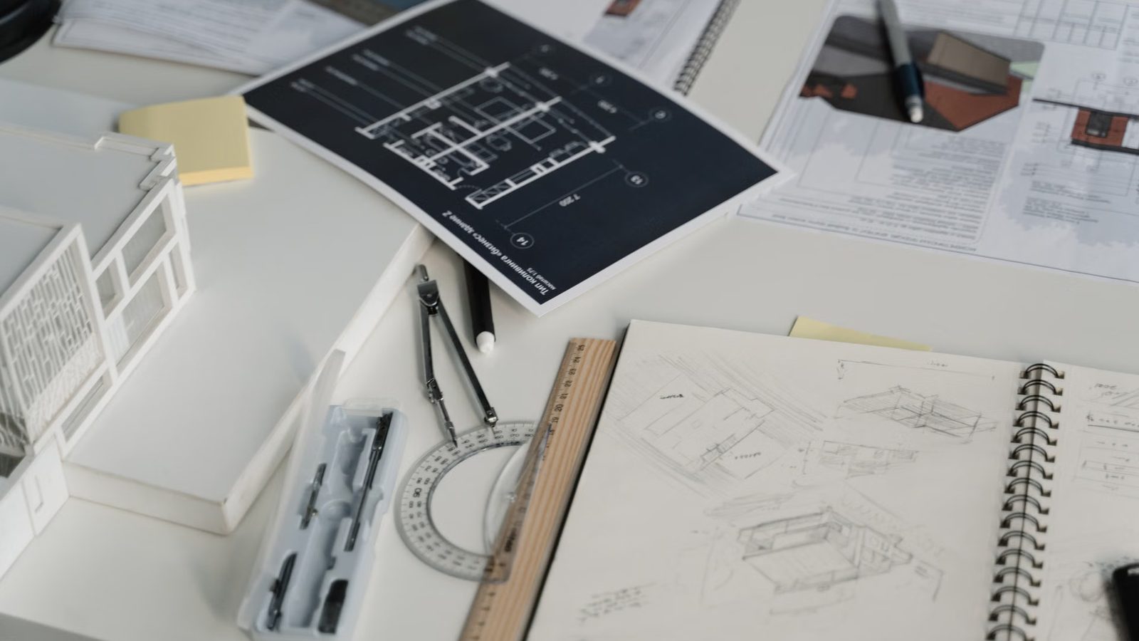 Plan architektoniczny, szkicownik, cyrkiel i linijka na biurku projektanta