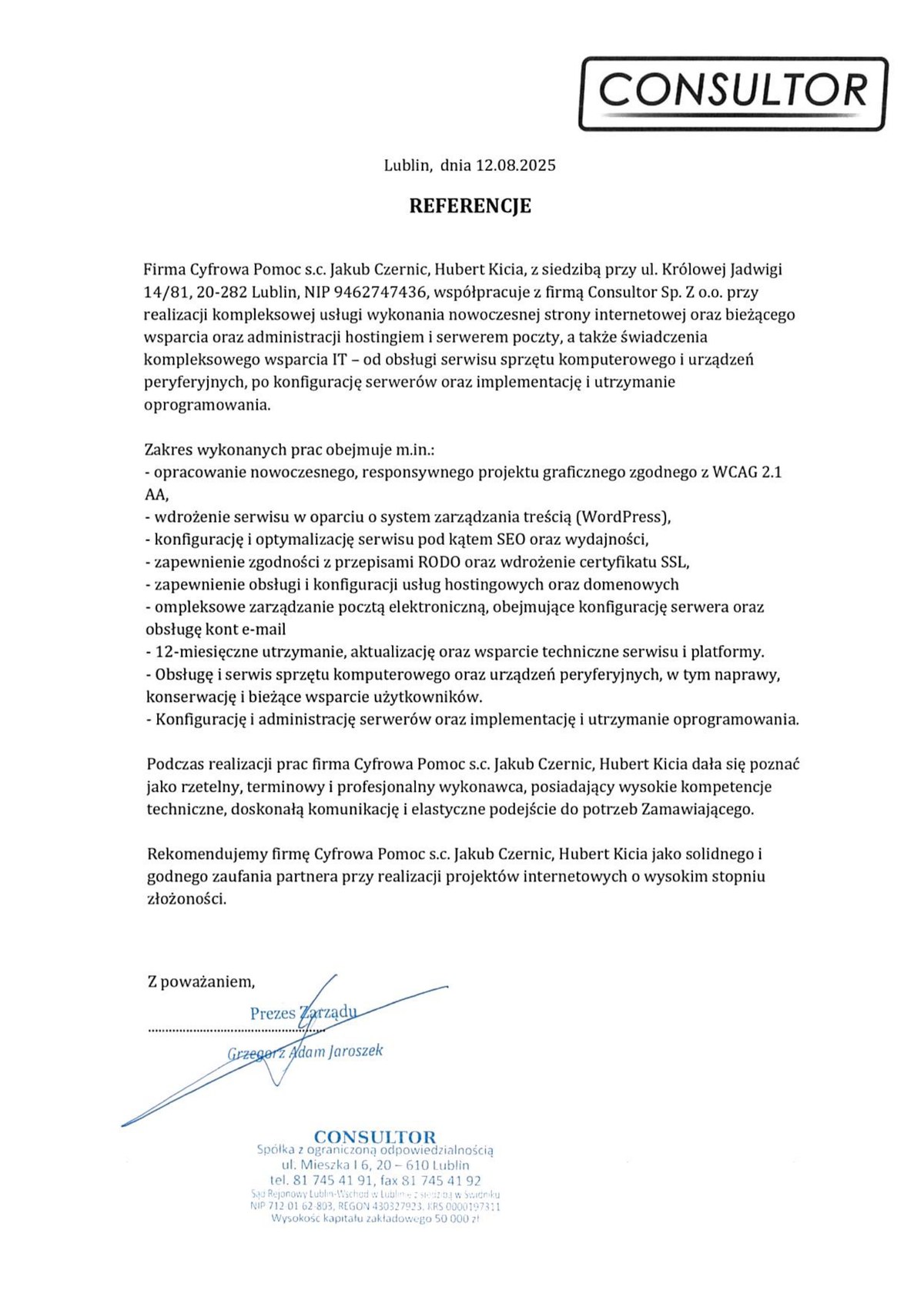 Skan podpisanych referencji wystawionych przez Consultor Sp. z o.o.