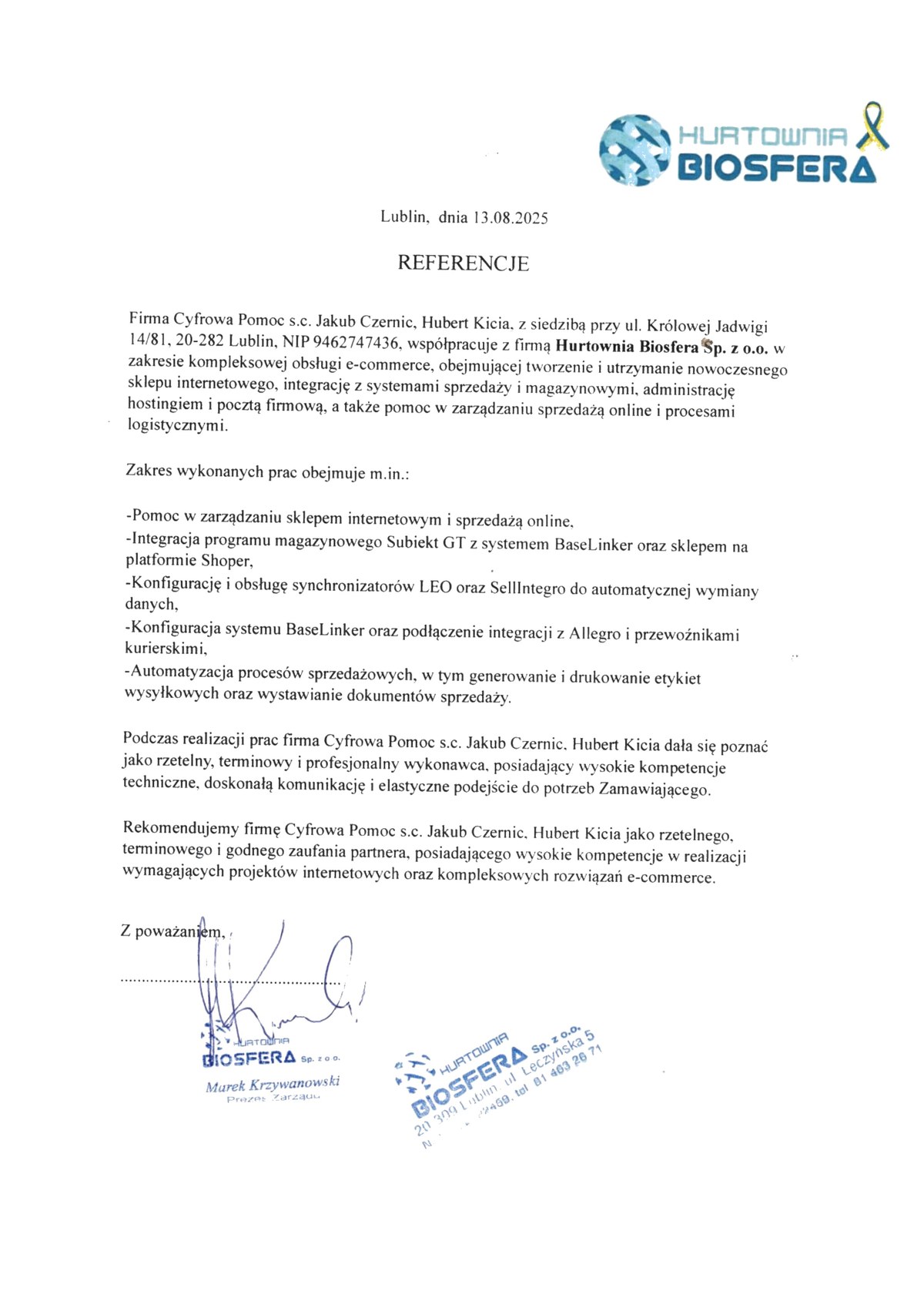 Skan podpisanych referencji wystawionych przez Hurtownię Biosfera Sp. z o.o.