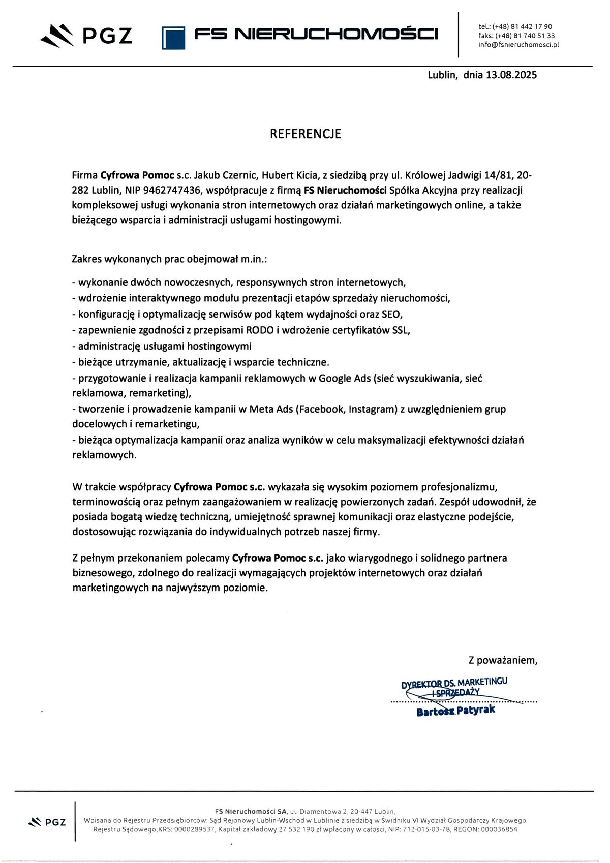 Skan podpisanych referencji wystawionych przez FS Nieruchomości S.A.